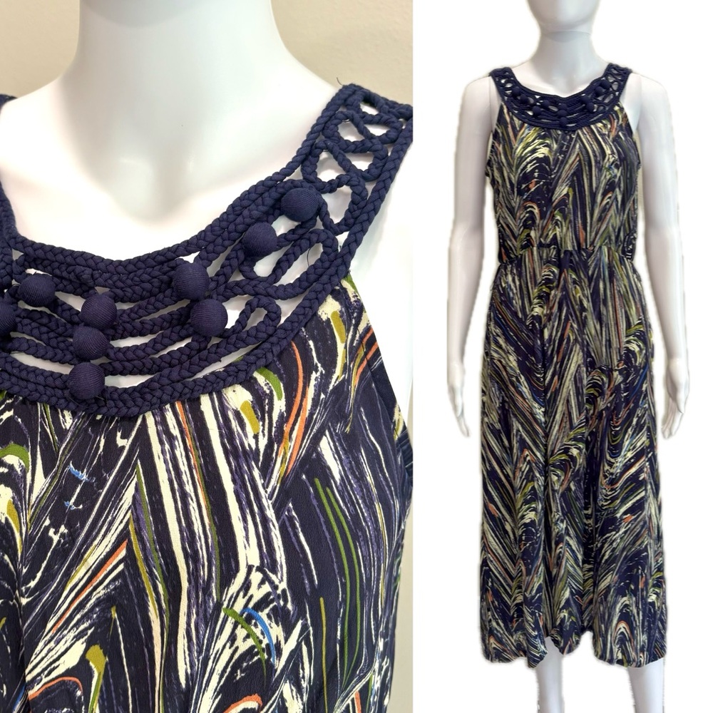 Wendy Katlen Anthropologie Silk Swirl Patterned Midi Dress Size 4 Crochet Neck